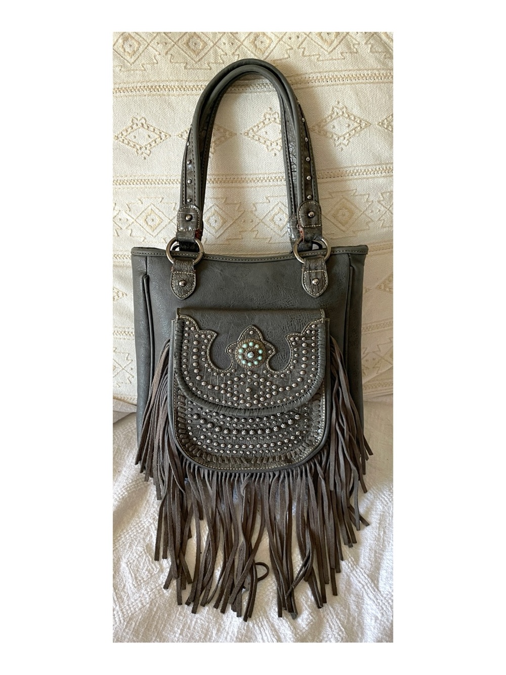 Fringed Studded Tote Bag with Turquoise Accent - Gray